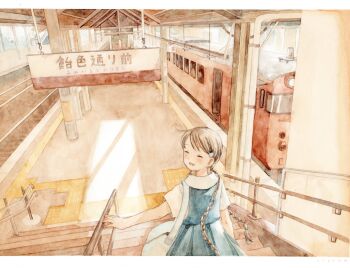 1girl :d bag black_hair blue_dress blush braid braided_twintails chyoma closed_eyes commentary_request dress facing_back facing_viewer from_behind hair_ornament hairclip hand_on_railing highres holding holding_bag letterboxed open_mouth original outdoors outstretched_arm painting_(medium) railing railroad_tracks shirt short_sleeves shoulder_bag signature sleeveless sleeveless_dress smile solo stairs standing traditional_media train train_station train_station_platform twin_braids twintails watercolor_(medium) white_bag white_shirt