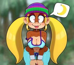1girl amekaji_gyaru aqua_pants armband banana beanie blonde_hair blouse blurry blurry_background breasts brown_fur bubble cleavage donkey_kong_(series) drooling earrings fashion food fruit furry ganguro gold_earrings gyaru hat headgear heart heart-shaped_pupils hoop jewelry leaning_forward lowleg lowleg_pants military_vehicle monkey_girl motor_vehicle nintendo nipples outdoors outline pants piercing pink_nails plant ring saliva shirt short_twintails solo somescrub spoken_food straight-on sweat symbol-shaped_pupils tank tiny_kong tongue tongue_out twintails