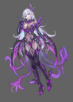 1girl absurdres black_sclera bodysuit breasts claws colored_sclera commentary_request commission dark_persona demon_girl demon_horns demon_tail demon_wings elbow_gloves fingernails full_body gloves grey_background grey_hair highres horns latex latex_bodysuit licking_lips long_fingernails long_hair looking_at_viewer low_wings medium_breasts original purple_eyes second-party_source see-through_bodysuit see-through_clothes sharp_fingernails shen_hai_ichigo shiny_clothes solo tail tentacles thighhighs tongue tongue_out variant_set very_long_hair wings