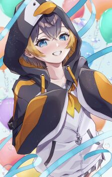 Rule 34 | 1girl, :d, animal hood, balloon, birthday, blonde hair, blue eyes, blush, bubble, commentary, english commentary, grin, hair between eyes, highres, hood, hood up, long neck, looking at viewer, multicolored hair, neckerchief, nijisanji, nijisanji en, nose blush, open mouth, penguin hood, petra gurin, petra gurin (1st costume), shimohuri suzume, short hair, sleeves past fingers, sleeves past wrists, smile, solo, streaked hair, streamers, virtual youtuber, yellow neckerchief