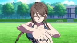 3girls animated anime_screenshot antenna_hair bikini black_hairband black_slingshot_swimsuit blue_eyes blue_hair bouncing_breasts braid breasts brown_eyes brown_hair cleavage hair_ornament hairband hairclip highres jacket large_breasts long_hair medium_hair multiple_girls navel nukigee_mitai_na_shima_ni_sunderu_watashi_wa_dou_surya_ii_desu_ka? onabuta_ikuko one_side_up open_mouth outdoors pink_hair pom_pom_(cheerleading) sideboob slingshot_swimsuit sound stomach susuko_(nukitashi) swimsuit tadasugawa_rei tagme thighs video white_jacket yellow_bikini yellow_slingshot_swimsuit