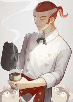 1boy absurdres apron banno_watari bow bowtie closed_eyes closed_mouth coffee collared_shirt commentary_request cup eyelashes gen_6_pokemon glasses green_bow green_bowtie grisham_(pokemon) highres holding holding_cup holding_teapot jewelry litleo male_focus multicolored_hair nintendo pokemon pokemon_(creature) pokemon_legends:_z-a ponytail print_apron red_apron ring shirt teapot triangle_print two-tone_hair white-framed_eyewear white_shirt