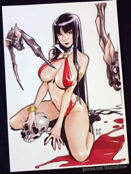 1girl bat_(animal) bikini black_boots black_hair blood boots bracelet cre.o.n full_body jewelry kneeling long_hair on_floor red_bikini red_lips red_nails sitting skull slingshot_swimsuit swimsuit vampirella vampirella_(character)