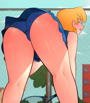 1girl absurdres arkeus_165 ass ass_focus bare_legs bare_shoulders bent_over blonde_hair blurry blurry_background building cloud day fence from_behind green_sky hand_on_own_knee highres looking_ahead lori_loud miniskirt open_mouth outdoors racket shiny_skin short_hair skirt sky sportswear sweat tennis tennis_racket tennis_uniform the_loud_house toon_(style) tree upskirt