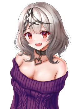 1girl :d absurdres aran_sweater armpit_crease bare_shoulders black_collar black_streaks blush braid breasts cable_knit cleavage collar collarbone fang grey_hair hair_ornament heart_collar highres hololive large_breasts looking_at_viewer multicolored_hair off-shoulder_sweater off_shoulder open_mouth purple_sweater red_eyes ribbed_sweater sakamata_chloe short_hair smile solo streaked_hair sweater transparent_background two-tone_hair upper_body urushinuri virtual_youtuber x_hair_ornament