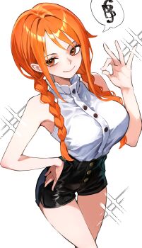 1girl absurdres alternate_costume alternate_hairstyle bare_arms bare_shoulders black_shorts blush braid breasts buttons closed_mouth collar feet_out_of_frame frilled_collar frills hand_on_own_hip highres kasumi_6 large_breasts long_hair looking_at_viewer low_twin_braids nami_(one_piece) ok_sign one_piece orange_hair shirt shorts simple_background sleeveless sleeveless_shirt smile solo sparkle standing thigh_gap thighs tight_clothes twin_braids white_background white_shirt