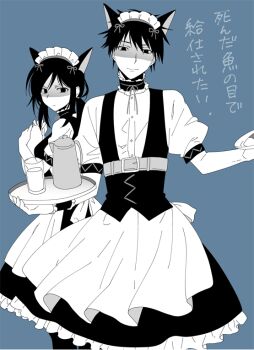 1girl alternate_costume animal_ears apron black_dress black_eyes black_hair black_pantyhose breasts cat_ears chaos;child collar crossdressing crossdressing_(mtf) cup dress empty_eyes enmaided false_smile frilled_apron frilled_collar frilled_dress frills frown glaring holding holding_tray ikuhashi_muiko kunosato_mio lace-trimmed_sleeves lace_trim long_hair looking_at_viewer maid maid_apron maid_headdress male_maid mayqueen_maid_uniform monochrome pantyhose ponytail puffy_short_sleeves puffy_sleeves science_adventure shaded_face shinjo_takeshi short_hair short_sleeves small_breasts smile translation_request tray unconventional_maid waist_apron white_apron