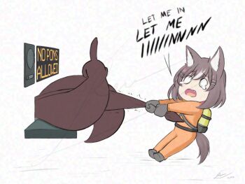 adversarial_noise animal_ears brown_hair chisaka_airi english_text fang full_body hair_ornament hairclip lazy_revenant lethal_company medium_hair middle_finger open_mouth oxygen_tank phase_connect pulling simple_background spacesuit tail tearing_up tentacles virtual_youtuber white_background