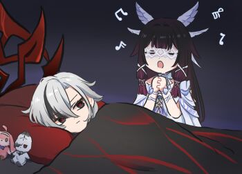 2girls arlecchino_(genshin_impact) black_hair closed_eyes closed_mouth columbina_(genshin_impact) dress genshin_impact highres indoors lying multicolored_hair multiple_girls music musical_note on_bed open_mouth purple_hair singing streaked_hair symbol-shaped_pupils white_dress x-shaped_pupils xinzoruo