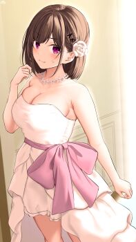 1girl armpit_crease belt_bow blush bow breasts brown_hair childhood_friend-chan_(ramchi) cleavage dress flower hair_flower hair_ornament hairclip highres large_breasts looking_at_viewer medium_hair original pink_bow purple_eyes ramchi shirt sidelocks strapless strapless_dress sweatdrop swept_bangs wedding_dress white_dress white_flower white_shirt x_hair_ornament