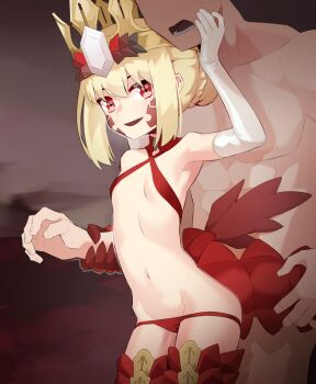 1boy 1girl ahoge bare_shoulders bikini blonde_hair braid breasts criss-cross_halter crown dragon_claw dragon_tail elbow_gloves facial_mark fate/grand_order fate/grand_order_arcade fate_(series) french_braid gloves gold_crown hair_bun hair_intakes halterneck long_hair looking_at_viewer navel nero_claudius_(fate) open_mouth queen_draco_(fate) queen_draco_(second_ascension)_(fate) red_bikini red_eyes scales single_hair_bun small_breasts smile swimsuit tail tail_wrap thighs viroa white_gloves
