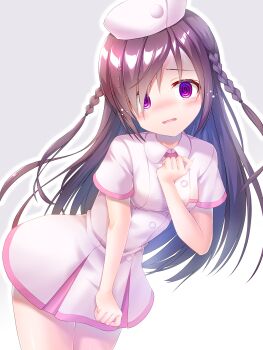 1girl @_@ absurdres blush braid breasts buttons commentary cowboy_shot dot_nose dress embarrassed furrowed_brow getsuyoshi gradient_background grey_background hair_over_one_eye hand_on_own_chest hat highres leaning_forward long_hair looking_at_viewer mizushino_sono nose_blush nurse nurse_cap open_mouth outline pink_dress pink_hat purple_eyes purple_hair re:stage! short_sleeves simple_background small_breasts solo tearing_up variant_set white_background white_outline