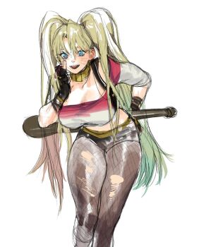 1girl ak_ag_an baseball_bat blonde_hair blue_eyes blue_hair breasts cosplay dc_comics dc_extended_universe facial_mark feet_out_of_frame fingerless_gloves fishnet_pantyhose fishnets genderswap genderswap_(mtf) gloves gradient_hair harley_quinn harley_quinn_(cosplay) harley_quinn_(suicide_squad) highres holding holding_baseball_bat holding_behind_back large_breasts leaning_forward long_hair midriff multicolored_hair naruko_(naruto) naruto_(series) open_mouth pantyhose pink_hair short_shorts shorts simple_background sketch smile solo suicide_squad teeth torn_clothes torn_pantyhose twintails uzumaki_naruto very_long_hair whisker_markings white_background