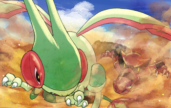 black_eyes black_sclera cloud colored_sclera day flygon gen_3_pokemon gen_5_pokemon krookodile nintendo outdoors pokemon pokemon_(creature) sand sandstorm yellow_pupils yknu_oekaki