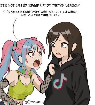 2girls asymmetrical_legwear blue_eyes blue_hair bracelet breasts brown_eyes brown_hair clothes_grab commentary crop_top detached_sleeves english_commentary english_text fishnet_sleeves fishnets green_eyes heterochromia jewelry medium_breasts midriff multicolored_hair multiple_girls open_mouth oranyaa original pink_hair tears tiktok tiktok_logo twintails twitter_username two-tone_hair