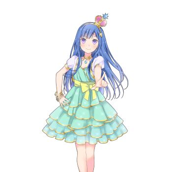 1girl aqua_dress blue_hair bracelet cropped_jacket crown dress frilled_dress frills gold_choker gold_hairband green_ribbon hair_ornament hairband index_finger_raised jacket jewelry long_hair mini_crown necklace puffy_short_sleeves puffy_sleeves purple_eyes ribbon riona_(uchihime) short_sleeves star_(symbol) star_hair_ornament uchi_no_hime-sama_ga_ichiban_kawaii waist_ribbon white_jacket