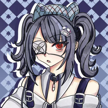 1girl animal_ear_headwear animal_ears argyle_background argyle_clothes argyle_hat bags_under_eyes bare_shoulders beanie belt belt_buckle belt_collar black_belt black_hair blue_background blue_hat buckle cat_ears club_(shape) collar detached_collar dotted_line dress expressionless eyelashes eyepatch fake_animal_ears guyanchi460 hair_ornament hairclip hat infinity_nikki long_sleeves medical_eyepatch medium_hair multicolored_hair nikki_(series) off-shoulder_dress off_shoulder open_mouth outline pill_hair_ornament pointy_nose quirky_idea_(infinity_nikki) red_eyes shoulder_belt sidelocks solo spade_(shape) streaked_hair syringe syringe_hair_ornament tsurime twintails upper_body white_collar white_dress white_outline