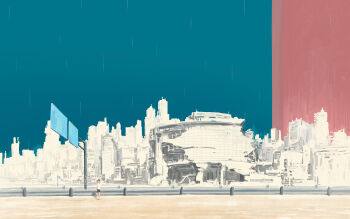 1other absurdres blue_sky cityscape feitu233 full_body highres mini_person original outdoors railing rain road road_sign sign sky solo standing street