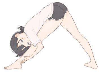 1girl 1ssakawaguchi absurdres ahoge ass barefoot black_shorts brown_hair dolphin_shorts from_side frontbend full_body grey_eyes highres ichika_(1ssakawaguchi) legs looking_at_viewer original ponytail shirt short_hair short_ponytail short_shorts short_sleeves shorts simple_background solo t-shirt toes white_background white_shirt