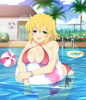 1girl :3 :d armpit_crease ball bangle bare_shoulders beach_umbrella beachball bikini blonde_hair blue_eyes blue_sky blush bracelet breast_rest breasts building bush cleavage cloud collarbone criss-cross_halter day floral_print flower grass green_eyes halterneck heterochromia innertube jewelry large_breasts lifebuoy locker looking_at_viewer messy_hair non-web_source official_art open_mouth outdoors palm_leaf palm_tree pink_flower plant pool pool_ladder print_innertube red_bikini red_flower ryouna_(senran_kagura) senran_kagura senran_kagura_new_wave senran_kagura_shinovi_versus shiny_skin short_hair side-tie_bikini_bottom sidelocks sky smile solo swim_ring swimsuit tongue tree umbrella water white_umbrella yellow_flower