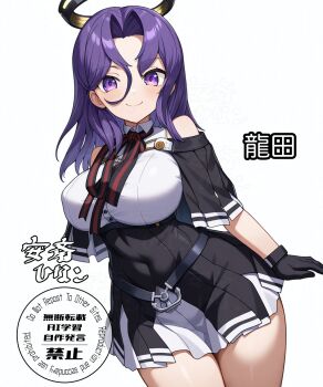 1girl anzai_hinako artist_name black_capelet black_dress black_gloves breasts capelet character_name check_commentary commentary commentary_request dress gloves hair_between_eyes halo highres kantai_collection large_breasts long_hair mechanical_halo pleated_capelet simple_background sleeveless sleeveless_dress smile solo tatsuta_(kancolle) tatsuta_kai_ni_(kancolle) white_background