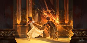 Rule 34 | 1boy, 1girl, absurdres, artist name, black hair, black pants, black shirt, burning, cynikka, dress, fire, fleeing, fluixon, highres, holding hands, ish's state smp, juliet sleeves, long dress, long sleeves, medium hair, minecraft youtube, pants, pillar, puffy sleeves, rohkka, running, shirt, shoes, short hair, short sleeves, single shoe, tabard, white dress