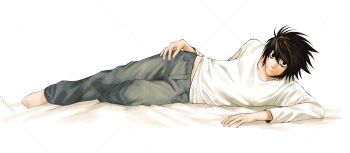 1boy absurdres bags_under_eyes barefoot black_eyes black_hair closed_mouth commission death_note denim hair_between_eyes highres jeans l_(death_note) long_sleeves looking_at_viewer male_focus midriff_peek nifast_(greentail) pants pocket shirt short_hair simple_background solo white_background white_shirt