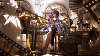 1girl absurdres black_dress black_gloves black_hat breasts checkered_floor dress earrings gloves hair_between_eyes hand_up hat highres hoop_earrings indoors jacket jewelry large_breasts long_hair looking_at_viewer lucilla_(wuthering_waves) parted_lips purple_hair sitting smile solo very_long_hair white_jacket wide_shot wuthering_waves yi_ke_da_cui_tao_tao