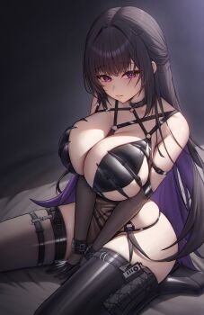 1girl absurdres black_boots black_hair blush boots breasts colored_inner_hair gileu goddess_of_victory:_nikke highres large_breasts long_hair looking_at_viewer mihara_(bonding_chain)_(nikke) mihara_(nikke) multicolored_hair parted_lips purple_eyes purple_hair sideboob single_thigh_boot smile solo thigh_boots thighs two-tone_hair