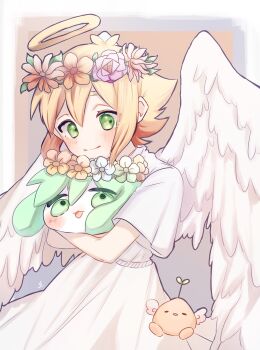 1boy alternate_costume alternate_eye_color angel angel_wings animal animalization antenna_hair basil_(faraway)_(omori) basil_(headspace)_(omori) basil_(omori) blonde_hair blush double-parted_bangs flower flower_wreath green_eyes hair_between_eyes halo head_wreath highres holding holding_animal looking_at_viewer male_focus nata_kadu omori short_hair short_sleeves sidelocks smile solo sprout_mole wings