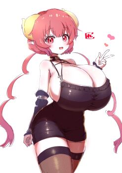 1girl black_choker black_dress black_sleeves black_thighhighs breasts choker cleavage covered_navel curled_horns detached_sleeves dragon_girl dragon_horns dress drill_hair fang heart horns huge_breasts ilulu_(maidragon) kobayashi-san_chi_no_maidragon long_hair open_mouth pointy_ears red_eyes red_hair reiwa_rerere skin_fang sleeveless sleeveless_dress smile solo standing thighhighs tight_clothes tight_dress twin_drills v w white_background zettai_ryouiki