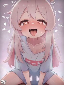 1boy 1girl absurdres ahoge blue_shirt blush bottomless breasts brown_eyes clothes_writing collarbone commentary covered_penetration cowgirl_position english_commentary erection genderswap genderswap_(mtf) gradient_background heart heart-shaped_pupils heavy_breathing hetero highres kanniguma loli long_hair looking_at_viewer onii-chan_wa_oshimai! open_mouth oversized_clothes oversized_shirt oyama_mahiro pink_hair pov saliva saliva_trail sex shirt short_sleeves signature single_off_shoulder small_breasts smile solo_focus straddling sweat symbol-shaped_pupils tears tongue tongue_out trembling vaginal