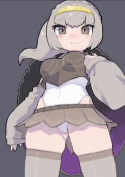 1girl arm_warmers armor brown_armor brown_skirt commentary_request grey_arm_warmers grey_background grey_eyes grey_hair grey_thighhighs hairband highres kemono_friends leotard long_hair looking_at_viewer rinx san_cristobal_giant_tortoise_(kemono_friends) simple_background skirt solo thighhighs turtle_shell white_leotard yellow_hairband