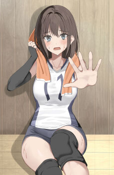 1girl black_shorts black_sleeves blue_eyes blush breasts brown_hair collarbone commentary_request elbow_sleeve embarrassed hair_between_eyes highres jersey knee_pads kureha_(ironika) long_hair looking_at_viewer medium_breasts open_mouth original outstretched_arm shorts single_sleeve sleeveless solo sportswear sweat volleyball_uniform white_jersey