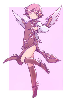 1girl adapted_costume animal_ears bird_ears bird_girl bird_wings black_shoes border bow brown_dress brown_socks china_dress chinese_clothes closed_mouth commentary_request dress dress_bow earrings frilled_sleeves frills from_side jewelry kneehighs leg_up long_sleeves looking_at_viewer mystia_lorelei no_headwear pink_background pink_bow pink_hair puffy_long_sleeves puffy_sleeves rangycrow shoes short_hair side_slit simple_background single_earring smile socks solo swept_bangs tiptoes touhou turning_head white_border white_sleeves wing_ornament wings
