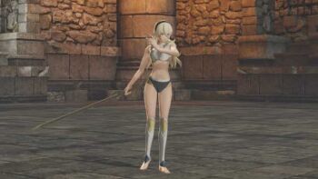 1girl 3d armor armpits bare_shoulders barefoot black_hairband bra breasts broken_armor building cleavage collarbone female_corrin_(fire_emblem) feet female_focus fighting_pose fighting_stance fingernails fire_emblem fire_emblem_fates fire_emblem_warriors full_body gameplay_mechanics hair_between_eyes hair_ornament hairband holding holding_sword holding_weapon intelligent_systems legs long_hair midriff multicolored_underwear nails navel neck nintendo official_underwear outdoors pale_skin panties pointy_ears red_eyes ruins silver_hair sky standing sword thighs toenails toes underwear underwear_only weapon yato_(fire_emblem)