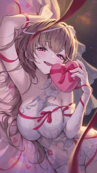 1girl absurdres blurry blurry_foreground box breasts bridal_veil brown_hair commentary covered_navel depth_of_field dress elbow_gloves flower gloves heart heart-shaped_box heartki highres holding holding_box large_breasts long_hair looking_at_viewer lying marian_andreotti on_bed on_side open_mouth red_eyes red_ribbon ribbon sideways snowbreak:_containment_zone solo valentine veil white_dress white_flower white_gloves