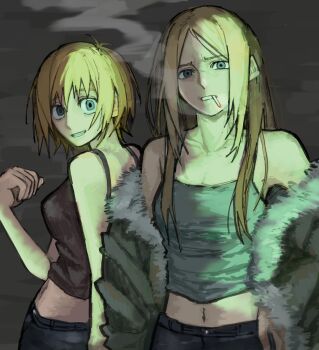 Rule 34 | 2girls, bare shoulders, blonde hair, blue eyes, breasts, cigarette, commentary request, crop top, elizabeth thompson, frown, fur-trimmed jacket, fur trim, grey background, highres, jacket, jewelry, long hair, looking at viewer, midriff, multiple girls, navel, pants, parted bangs, patricia thompson, short hair, siblings, simple background, sisters, sleeveless, smile, smoke, smoking, soul eater, zzzuappp