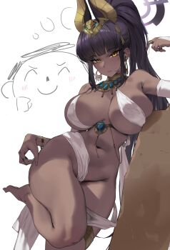 1boy 1girl absurdres alternate_costume barefoot blue_archive bracelet breasts commentary crown dark-skinned_female dark_skin doodle_sensei_(blue_archive) dress earrings halo harem_outfit highres jewelry karin_(blue_archive) large_breasts leaning_to_the_side long_hair looking_at_viewer nankam76 navel purple_hair purple_halo sensei_(blue_archive) sidelocks simple_background solo solo_focus standing standing_on_one_leg white_background white_dress yellow_eyes