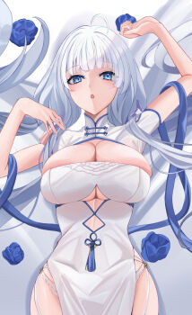 1girl ahoge azur_lane blue_flower blue_trim breasts china_dress chinese_clothes cleavage clothing_cutout commentary connyalow cutout_above_navel dress flower garter_straps highres huge_breasts illustrious_(azur_lane) illustrious_(maiden_lily&#039;s_radiance)_(azur_lane) looking_at_viewer lying official_alternate_costume on_back short_sleeves solo tri_tails variant_set white_dress white_garter_straps white_hair