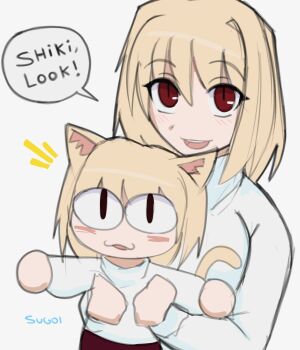 2girls :3 absurdres animal_ears arcueid_brunestud artist_name blonde_hair blush breasts cat_ears cat_girl cat_tail chibi highres holding jewelry long_sleeves looking_at_viewer multiple_girls neco-arc neco_spirit red_eyes short_hair skirt smile speech_bubble sugoiiii sweater tail talking trait_connection tsukihime white_sweater