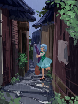 1girl :d blue_hair blue_skirt furahata_gen green_shirt highres holding holding_umbrella house leaf looking_at_viewer one_eye_closed open_mouth overgrown platform_sandals purple_umbrella rain red_eyes reflection rooftop sandals shirt short_hair skirt smile solo standing standing_on_one_leg tatara_kogasa tongue tongue_out touhou tree umbrella white_shirt