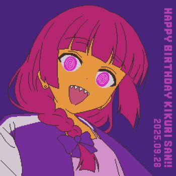 1girl @_@ blunt_bangs bocchi_the_rock! bow braid commentary_request dated earrings english_text from_below hair_bow happy_birthday head_tilt highres hiroi_kikuri jacket jewelry long_hair looking_at_viewer open_mouth pink_hair pixel_art portrait purple_background purple_eyes sharp_teeth simple_background single_braid solo tank_top teeth yuru_kaze