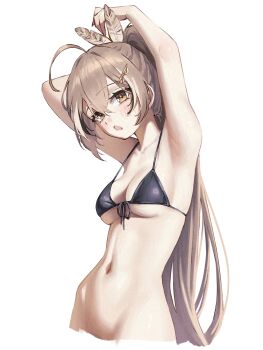 1girl absurdres ahoge arm_behind_head armpits arms_up bikini black_bikini black_hair breasts brown_eyes brown_hair cleavage crossed_bangs double-parted_bangs feather_hair_ornament feathers front-tie_bikini_top front-tie_top hair_between_eyes hair_ornament halterneck high_ponytail highres hololive hololive_english long_hair looking_at_viewer medium_breasts multicolored_hair nanashi_mumei open_mouth ponytail samukzz simple_background solo stomach streaked_hair swimsuit virtual_youtuber white_background white_hair