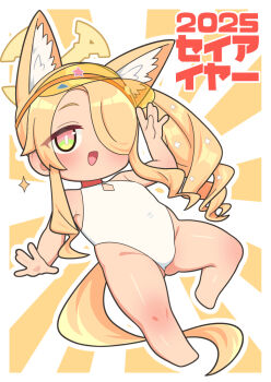Rule 34 | 2025, animal ear fluff, animal ears, blonde hair, blue archive, breasts, chibi, clothing cutout, commentary request, covered navel, cross halo, diamond cutout, fox ears, fox girl, fox tail, halo, highleg, highleg one-piece swimsuit, kevin.g.tuck, long hair, looking at viewer, official alternate costume, official alternate hairstyle, one-piece swimsuit, orange eyes, seia (blue archive), seia (swimsuit) (blue archive), side ponytail, small breasts, smile, sunburst, sunburst background, swimsuit, tail, visor cap, white one-piece swimsuit, yellow halo, yellow visor