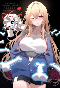 1boy 1girl black_background black_shorts blonde_hair blue_jacket blush bone bow breasts bright_pupils collarbone commentary_request cosplay costume_switch cowboy_shot crossed_bangs crossover glowing glowing_eye grey_hood grin hair_between_eyes hair_bow hands_in_pockets heart highres hood hood_down hooded_jacket impossible_clothes impossible_shirt jacket large_breasts long_hair looking_at_viewer maka_(user_rryf2748) one_eye_closed open_mouth partially_unzipped purple_eyes red_bow sans_(undertale) sans_(undertale)_(cosplay) shirt shorts skeleton smile touhou undertale utdr_(toby_fox) very_long_hair watermark white_pupils white_shirt yakumo_yukari yakumo_yukari_(cosplay) zipper