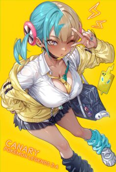 Rule 34 | 1girl, absurdres, alternate costume, aqua hair, aqua socks, asymmetrical footwear, bag charm, black mask, black skirt, black socks, blonde hair, breasts, canari (pokemon), cardigan, character name, charm (object), commentary request, copyright name, earrings, gen 4 pokemon, gyaru, hair ornament, hand on own hip, highres, jewelry, large breasts, leaning forward, looking at viewer, loose socks, mask pull, mismatched footwear, mismatched socks, multicolored hair, nail polish, necktie, nintendo, off shoulder, one eye closed, parted lips, pleated skirt, pokemon, pokemon legends: z-a, rotom, rotom phone, school uniform, shashaki, shirt, shoes, simple background, skirt, socks, solo, split-color hair, standing, twintails, two-tone necktie, v, v over eye, white shirt, white shoes, yellow background, yellow cardigan, yellow eyes