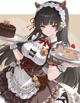 1girl apron black_hair breasts brown_dress cake cake_slice charm_(object) chisa_(wuthering_waves) closed_mouth commentary ddcc0123 dress food hair_ribbon hashtag-only_commentary highres long_hair looking_at_viewer medium_breasts mole mole_under_eye namipon_(wuthering_waves) official_alternate_costume red_eyes red_ribbon ribbon smile solo very_long_hair wuthering_waves