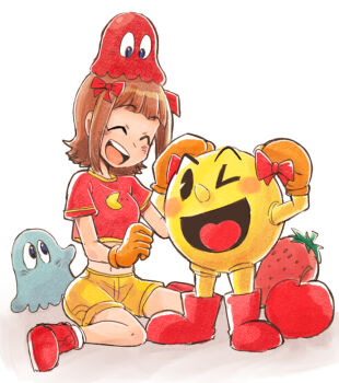 Rule 34 | > o, 1boy, 1girl, amami haruka, apple, blinky (pac-man), bow, brown hair, closed eyes, company connection, cropped shirt, food, fruit, full body, gloves, hair bow, idolmaster, idolmaster (classic), inky (pac-man), namco, one eye closed, open mouth, orange gloves, oversized food, oversized object, pac-man, pac-man (game), red bow, red shirt, red shoes, shirt, shoes, short hair, short sleeves, shorts, simple background, sitting, smile, standing, strawberry, teeth, tsubobot, upper teeth only, white background, yellow shorts