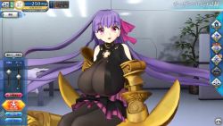 1girl 3d animated audible_music bare_shoulders black_bodysuit black_legwear black_neckwear bodysuit boots breasts claws cleavage_cutout close-up clothing_cutout collar fate/extra fate/extra_ccc fate/grand_order fate/grand_order_arcade fate_(series) hair_ribbon halterneck huge_breasts long_hair looking_at_viewer passionlip_(fate) pink_ribbon purple_eyes purple_hair ribbon sound talking video